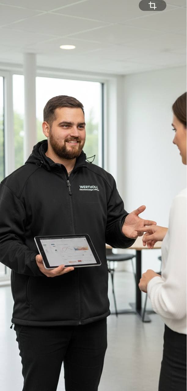 Markus Knaub bei der persönlichen Kundenberatung mit Tablet — Ihr Ansprechpartner für Schimmelpilzbegutachtung in Gütersloh